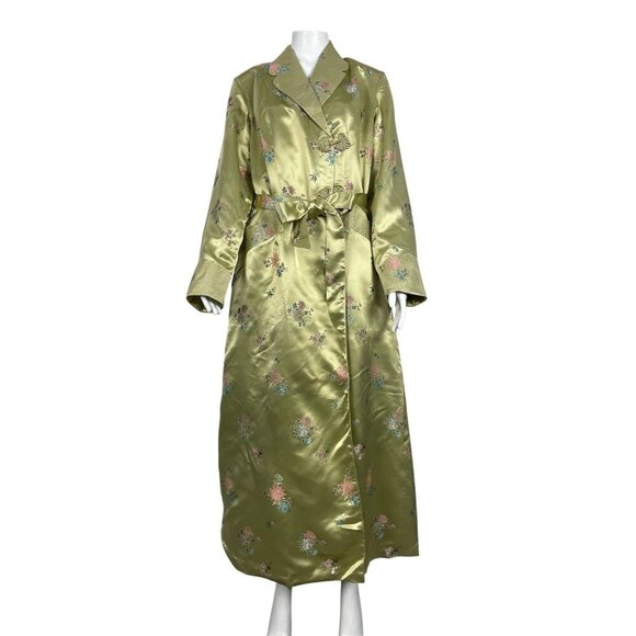 Peony Brand Shanghai China Brocade Robe 36 Gold Satin Long Belted Pockets Kimono - Picture 1 of 8